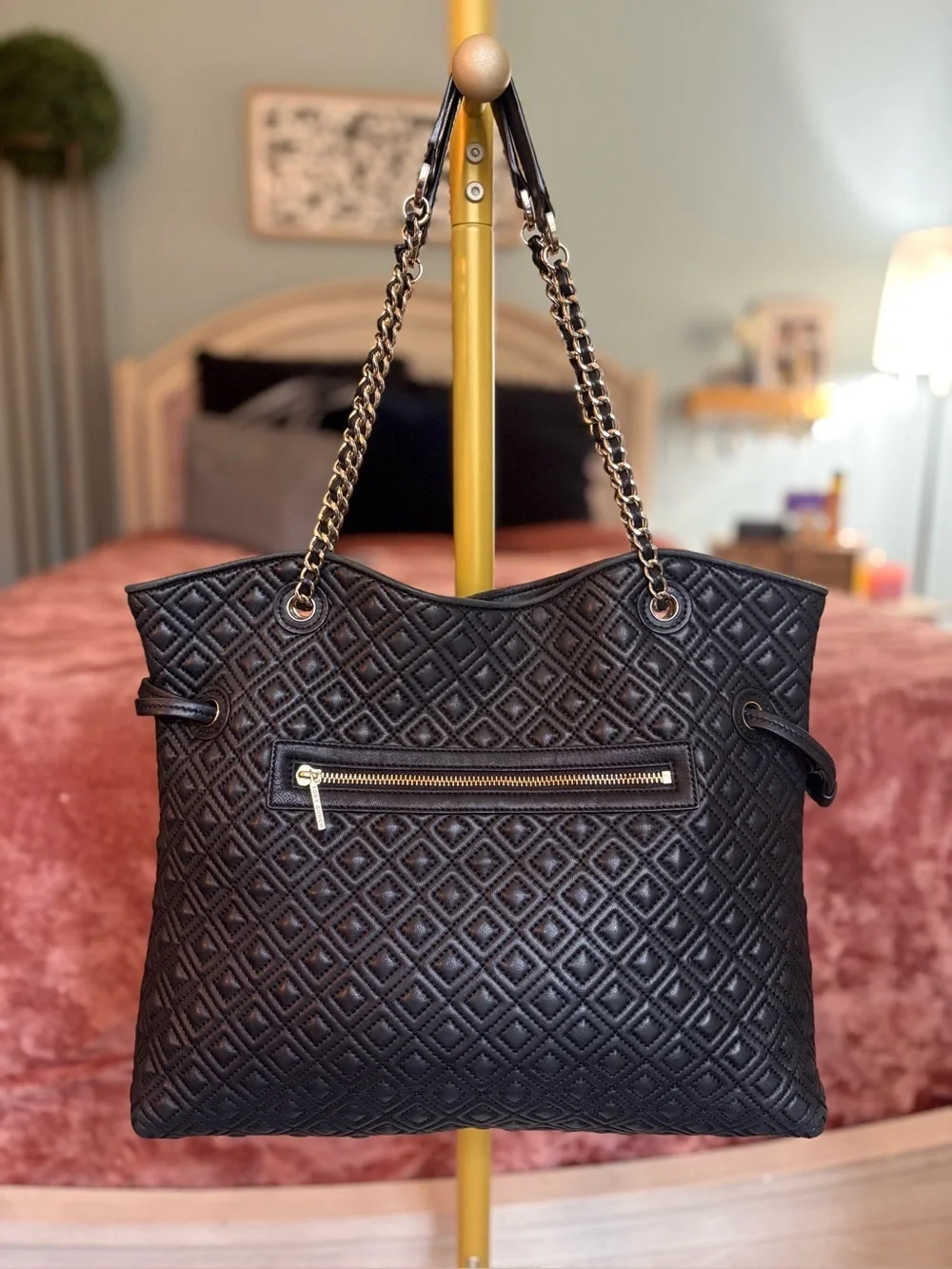 Tory Burch Quilted Diamond Marion Slouchy Tote Bag Black